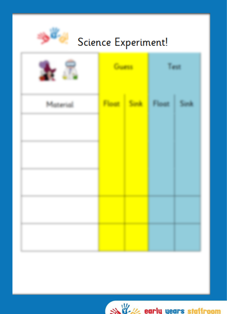 Science Material Recording Sheet Floating and Sinking Home Learning