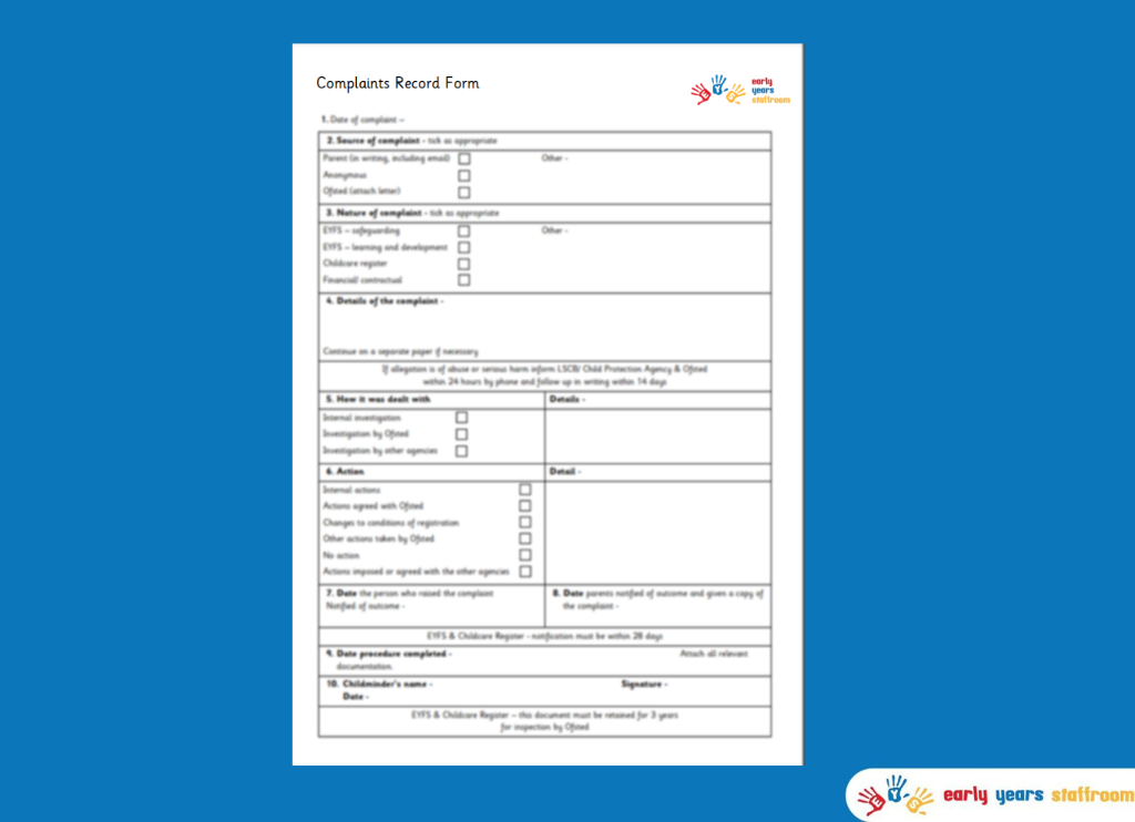 Complaints Record Form Childminder / Nursery