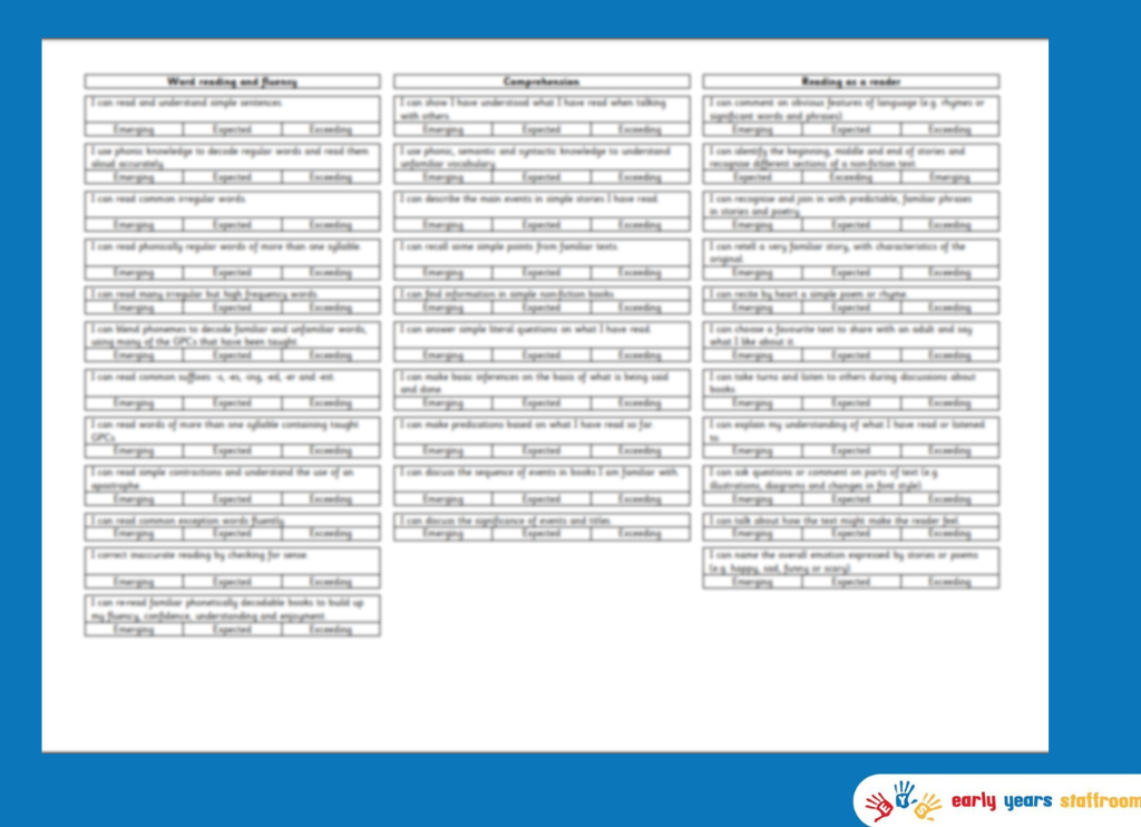 Year 1 Objective Record for Literacy Books