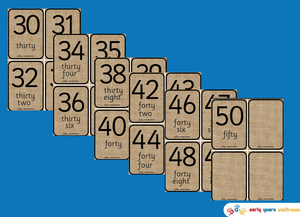Hessian Number Flashcards 30 - 50 (Numbers with Wording)