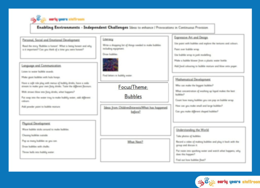 Early Years Enhanced Planning Brainstorm for Bubbles