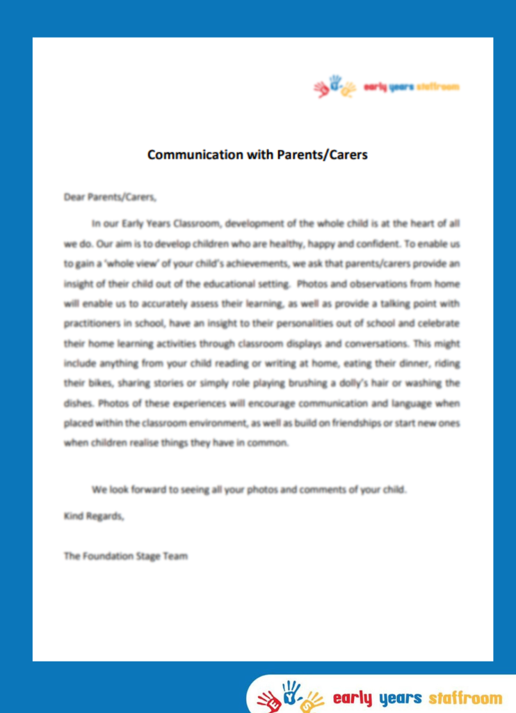 Letter to Parents - Communication with Parents Request Photos and Observations