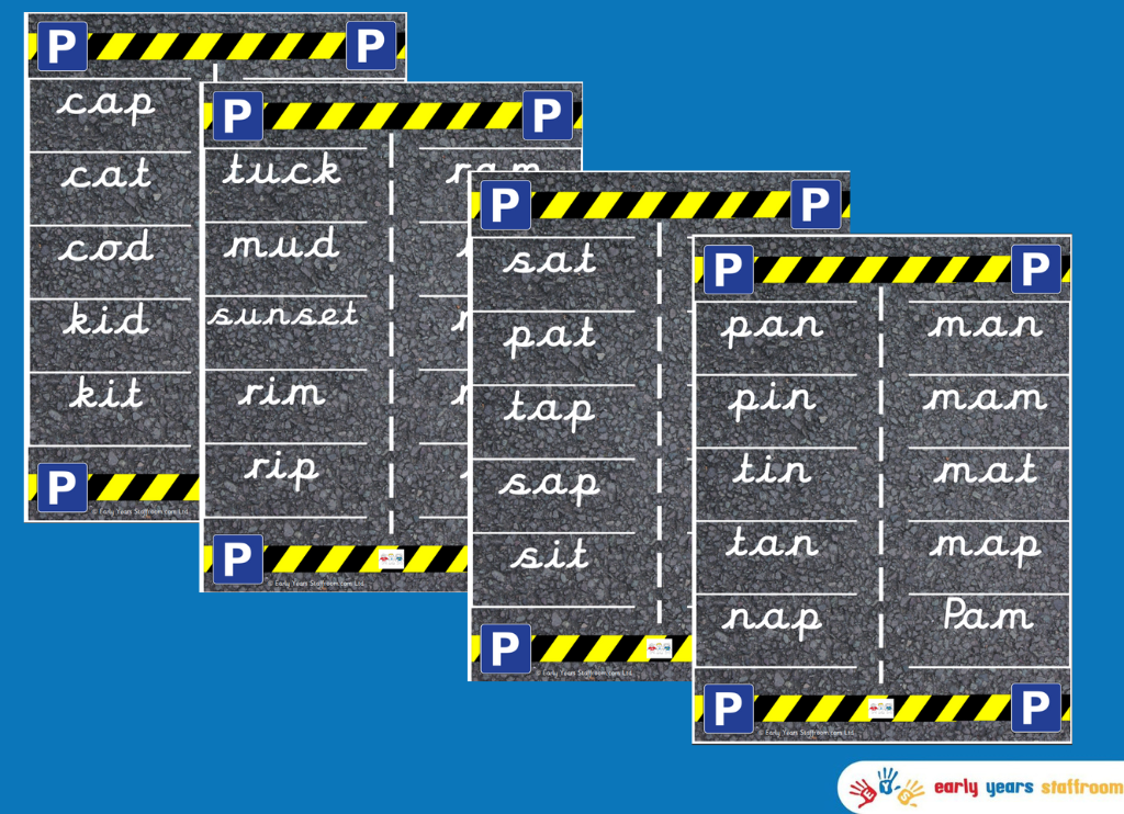 Phonics Phase 2 CVC Car Mat (Cursive Font)