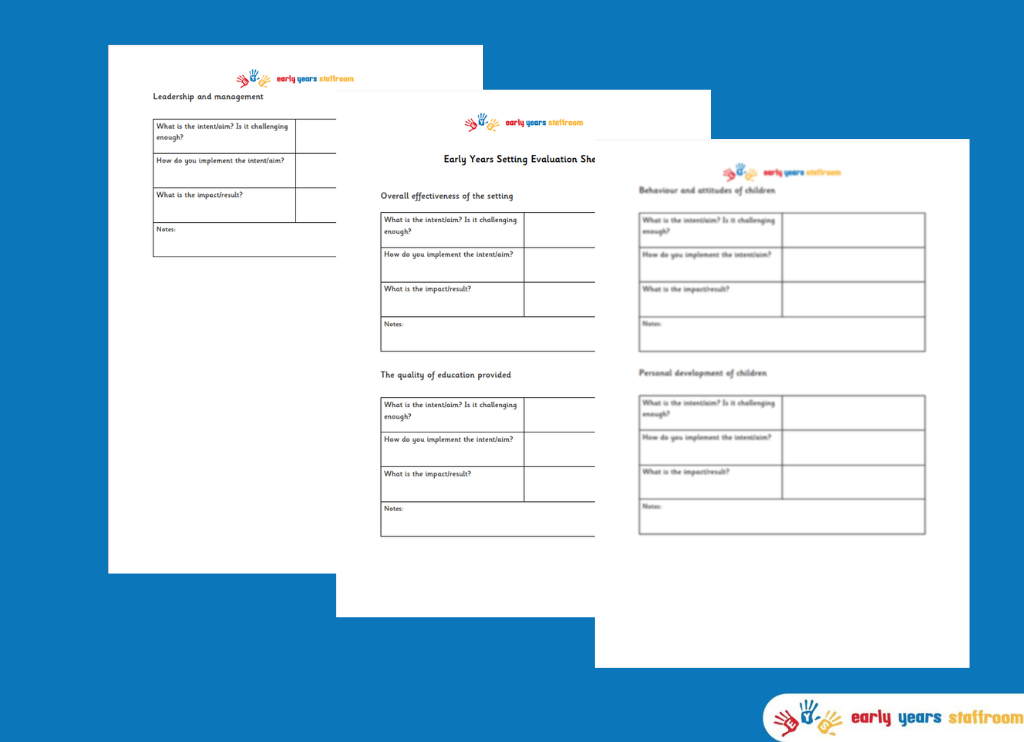 Early Years Setting Evaluation Sheet - Intent, Implementation and Impact - Editable