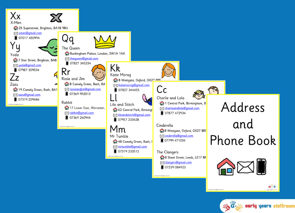 Address, Email and Phone Book for Early Years Home Corner (A-Z Interests)