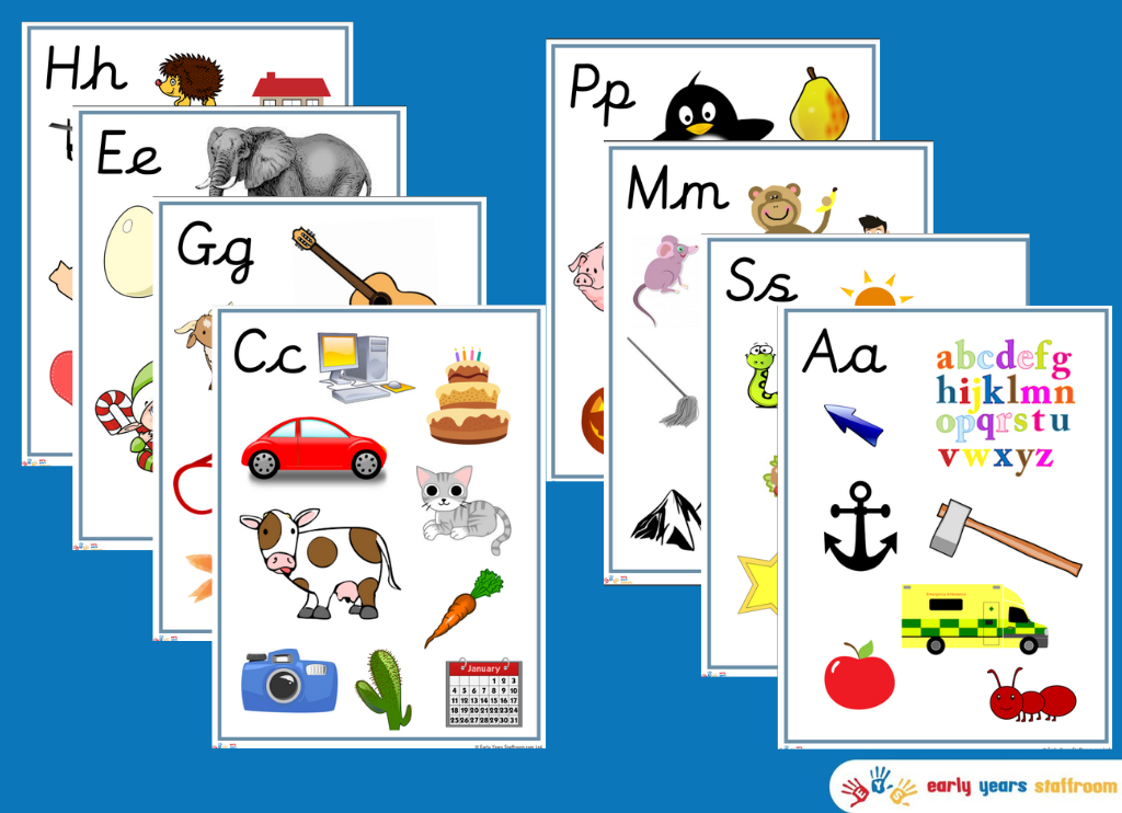 Phonics Phase 2 Pictures Home Learning (Cursive Font)