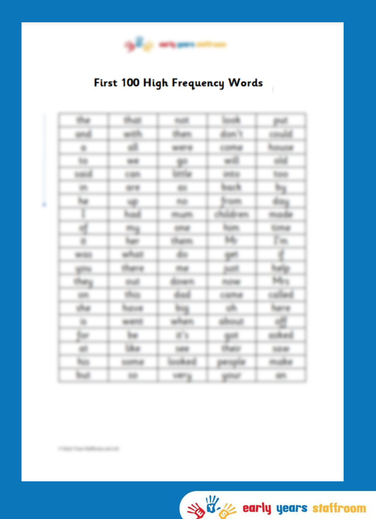 First 100 High Frequency Words List