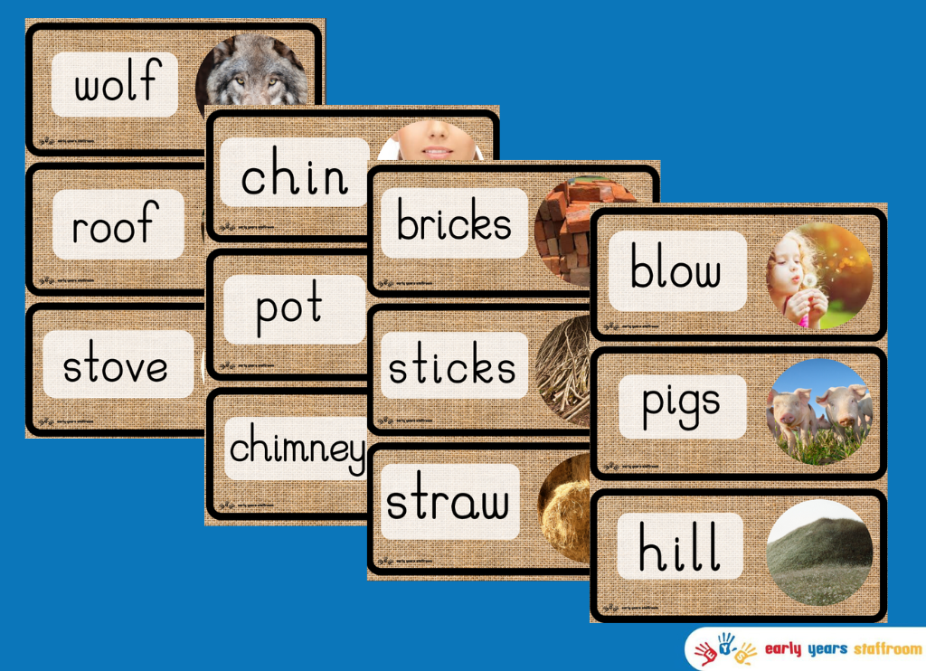 The Three Little Pigs Word Cards (Hessian Background)