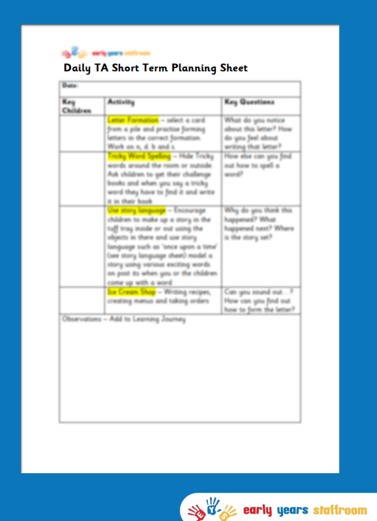 Short Term TA Planning Sheet