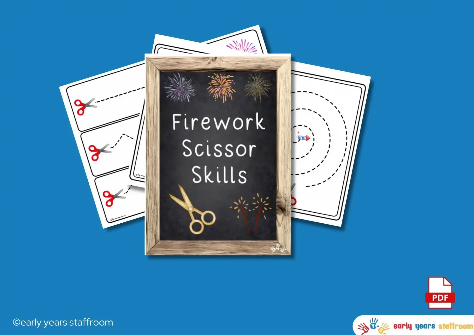 Firework Scissor Skills worksheets for EYFS Nursery and Reception cutting practice